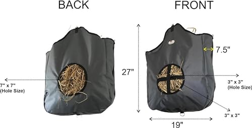Majestic Ally Nylon Hay Feeder Tote Bag for Horse, Goat, Sheep - Double Sides Open Feed Hole with Faux Leather Ventilated Bottom- Premium Quality -Simulates Grazing - Reduces Waste (Dark Gray) - color: Dark Gray