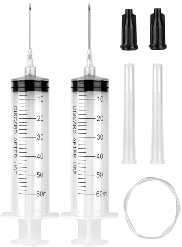 2 Pack 60ml Syringe with 55.1” Tube and Needle 16G 1.5”, Luer Lock Syringes with Cap for Fluid Suction Injector, Drawing Oil, Fluid, Water, Lab, Pets - style: 60 ml