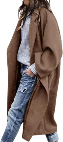 Women's Notch Lapel Single Breasted Pea Coat | Premium Wool Blend, Oversized Long Casual Overcoat with Pockets, Fall and Winter - color: Camel, size: X-Large