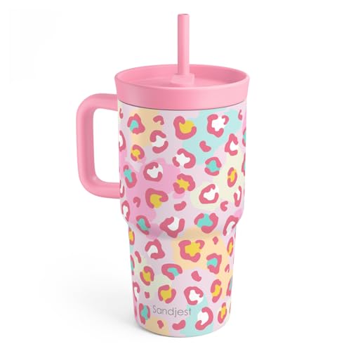 SANDJEST Leopard Skin Stainless Steel Tumbler 20oz with Handle and Silicone Straw Locking Lid for Kids Girls, Birthday Christmas Back to School - color: Leopard Skin