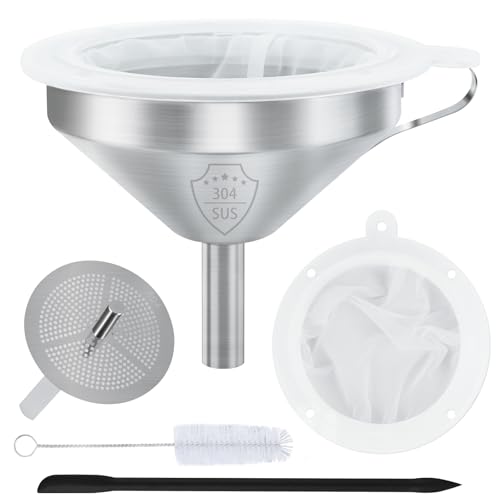 Kitchen Bottling Funnel, 5-inch 304 Stainless Steel Funnel | Funnel with Filter for Conveying Oil,Juice, Wine and Milk, Equipped with Silicone Scraper and 100 Mesh 200 Mesh Filter