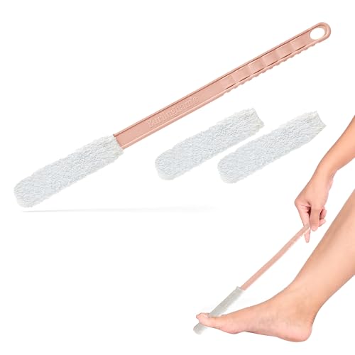 Burlingham's Toe and Foot Towel Brush with Reusable Drying Covers Long 17” Handle for Cleaning Between Toes, Soft Skin Exfoliation,for Seniors, Adults, Kids (Pink Toe Towel Brush + 3 Covers)