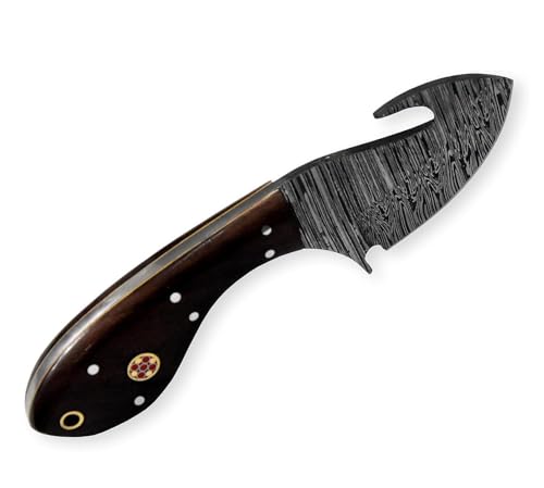 Hercules Custom Hand Forged Damascus Gut Hook Knife with Leather Sheath, Skinning Knife, Fixed Blade Hunting, Camping, Bushcraft, Survival, Outdoor Knives, Walnut Handle (FBK-05) - color: FBK-E
