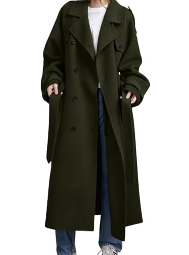 chouyatou Women's Winter Double Breasted Wool Coat Long Sleeve Notch Lapel Midi Long Winter Trench Coat with Belt - color: Army Green, size: X-Large