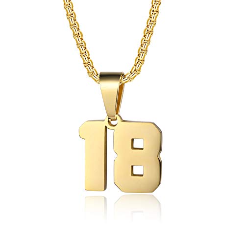 Number Necklaces Personalized Necklaces 18K Gold Plated Initial Number Pendant Stainless Steel Chain Sports Necklaces for Men Women - color: Gold, style: 18