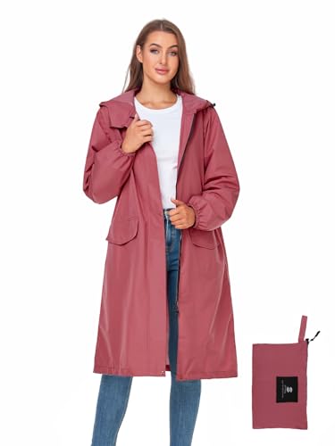 SaphiRose Women's Lightweight Packable Waterproof Long Rain Jacket | Raincoat, rain coat, windbreaker, with hood, knee-length, pack in bag, mesh lining, outdoor, camping, travel, walking dog - color: Pink, size: X-Large