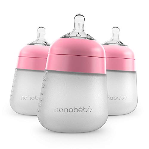 Nanobebe Flexy Silicone Baby Bottle, Anti-Colic, Natural Feel, Non-Collapsing Nipple, Non-Tip Stable Base, Easy to Clean, 3-Pack, Pink, 9oz - color: Pink, style: 9 Ounce 3-Pack