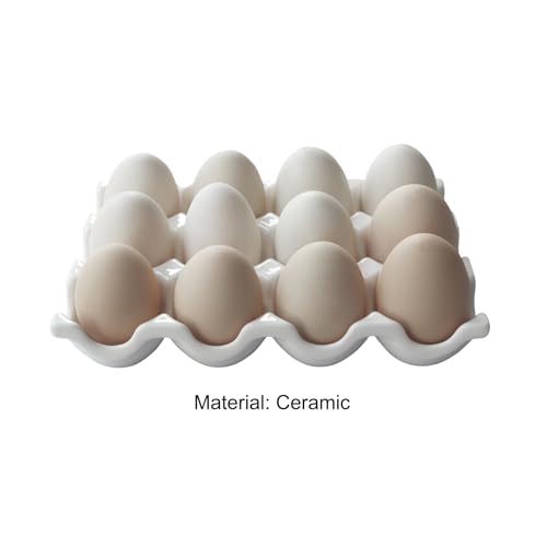 Ceramic Egg Holder 12 Cups Dozen Egg Tray Container for Fridge & Countertop | White, Polished Surface, with Non-Slip Base | Porcelain Holder for Eggs for Refrigerator