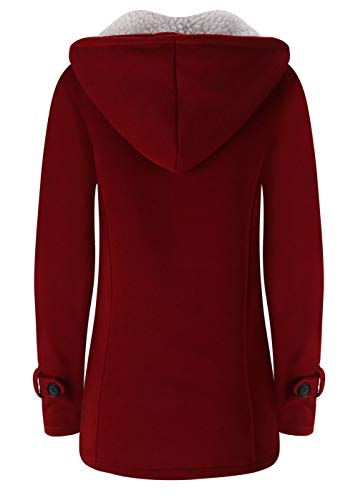 JiangWu Womens Fashion Horn Button Fleece Thicken Coat with Hood Winter Warm Jacket - color: Wine-red, size: Small