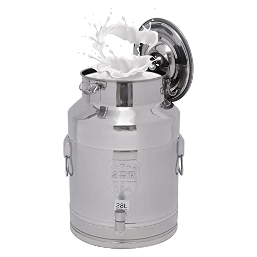 Stainless Steel Milk Can 28L/7.4Gallon Milk Bucket Heavy Duty Milk Jugs with Lid Thickened Edges and Silicone Sealing for Storing Wine Food Oil Water - color: 28L-7.39Gal With Faucet