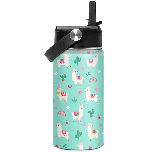 SANDJEST Kids Water Bottle Alpaca Llama Water Bottles 12oz with Straw Insulated Stainless Steel Travel School Tumbler Double Wall Vacuum Cup for Girls Kid - color: Llama