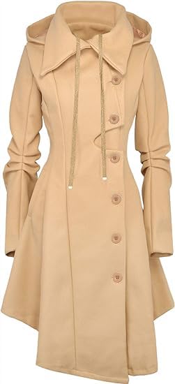 Long Trench Pea Coat for Women - Winter Trench Coat Goth Lapel Peacoat Outwear Thick Hood Pea Jacket Trenchcoat - color: A- Khaki, size: Large