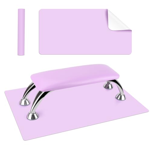 Arm Rest for Nails Tech with Table Mat for Salons and Home Manicures, Soft Microfiber Leather Nail Hand Rest for Relaxing Arms, Non-slip Height Hand Pillow Cushion Nail Salon Manicure (Purple)