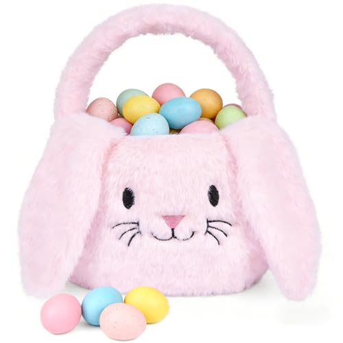 PRATIQUE Foldable Plush Easter Basket with Bunny Ears for Kids, Easter Egg Hunt Bucket with Handle, Cute Storage Bin for Candy, Toys & Gifts (Pink) - color: Pink