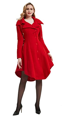 Long Trench Pea Coat for Women - Winter Trench Coat Goth Lapel Peacoat Outwear Thick Hood Pea Jacket Trenchcoat - color: A- Red, size: XX-Large