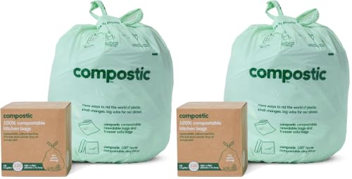 Compostic Compostable Trash Bags, 13 Gallon Tall Kitchen (100 Count) Bulk Pack — Extra Strong, Home Compostable, Plant-Based, Non-Toxic, Unscented Garbage Bags (Pack of 2) - size: 100 Count (Pack of 2), style: Tall 13 Gallon