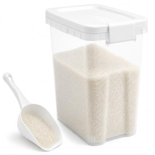 Rice Storage Container 10-15 Lbs, Airtight Flour Dry Food Bin with Scoop | Tight-Lock, Food-Grade Plastic Food Storage Container Dispenser for Cereal, Sugar, Kitchen, Pantry Organizers and Storage - color: Shiny White