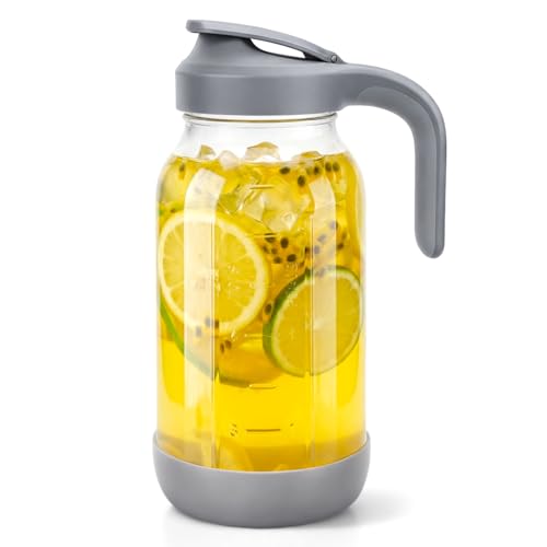 64 oz (2 Qt) Glass Mason Jar Pitcher with Pour Spout Lid & Handle | Airtight Leak-Resistant Flip-Top, Wide Mouth for Ice & Fruit, Non-Slip Silicone Base, Measuring Marks, Fridge Water/Iced Tea - color: Gray, size: 64 Ounces