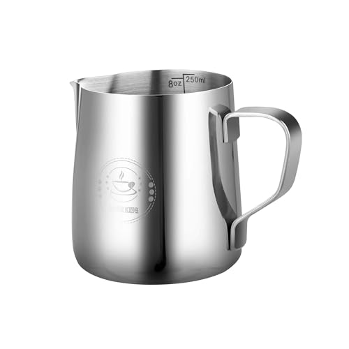 8oz Milk Frothing Pitcher, Stainless Steel Espresso Steamer Frother Cup | 250ml small single serving metal jug with precision pouring spout; top barista tools for perfect coffee cappuccino latte art - color: Silver 8Oz (250ml)