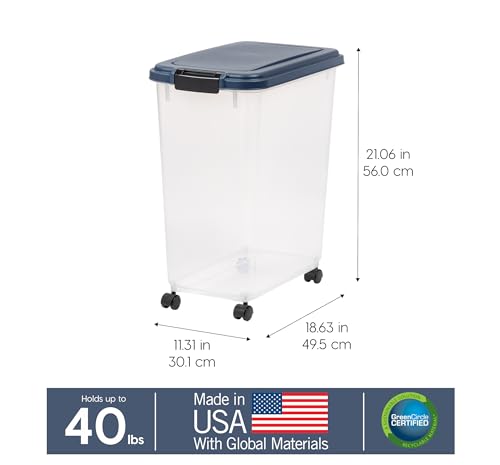IRIS USA Dog Food Storage Container, Up to 40 lbs, Navy, Made in USA | Wheels for Mobility, Airtight Seal, BPA-Free, Best for Bird Seed, Cat food, Cat Litter, Chicken Feed, Pellets - color: Navy, size: 40 lbs
