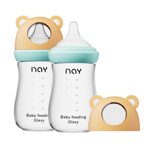 yanyoyo Natural Glass Baby Bottle for Breastfeeding Babies, 8oz Anti-Colic Baby Bottle with Natural Response Nipple(M), Clear, Wide Neck, 2 Pack, 3 Months+ - color: Yellow, size: 8 Ounce (Pack of 2)