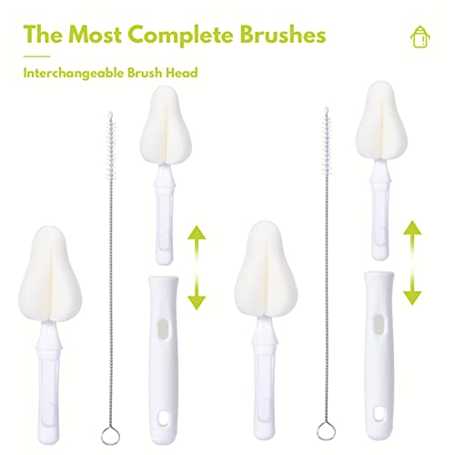 White Baby Bottle Brush Kit with Sponge Heads, Straw Cleaners & Wash Tool | Replaceable foam heads and straw cleaner set. Designed optimally for compact household containers and daily accessory care.
