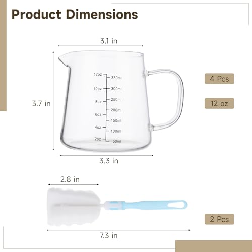 4-Pack 12oz Espresso Measuring Cups with 2 Cleaning Sponges, Heat-Resistant Glass Coffee Pitcher, Espresso Shot Glasses, Milk Frothing Pitcher, Creamer Container, Microwave/Dishwasher/Stovetop Safe