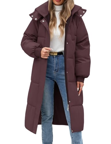 Women Long Puffer Coat Winter Warm Hooded Jacket Long Sleeve Parka Full Length Down Coats With Zip - color: Deep Purple, size: Medium