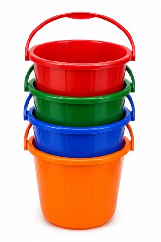16 Liter Plastic Buckets with Handle (4 Pack) – 12 Inch Multi-Purpose Utility Buckets for Cleaning, Laundry, Gardening, Storage & Household Use – Red, Green, Orange & Blue