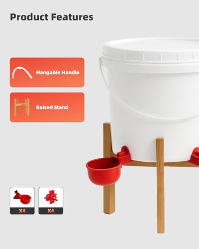 1 Gallon Chicken Waterer with Stand, 4 Cups and 4 Horizontal Nipples | Raised, lowered or hanging setup; top-fill bucket with handle; for chickens, ducks, geese, chicks and backyard coops