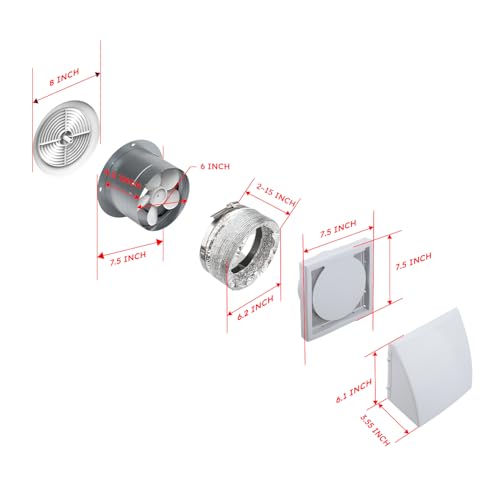 Quini 6-Inch 512M Through Wall Exhaust Fan, 80 CFM 4.0 Sones, Bathroom Wall Exhaust Fan, Kitchen Ventilation Fan, 6-inch Diameter Vent, Retractable Duct, One-Year Warranty
