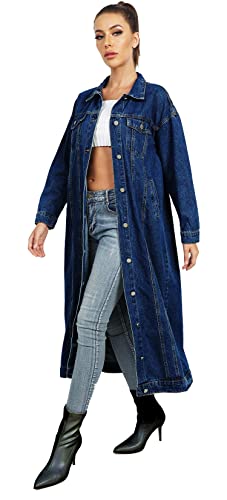 Womens Classic Jean Jacket Plus Size Button Down Denim Trench Coat | Loose Country Concert Office Daily Street Vacation Outerwear - color: Dark Blue, size: Medium