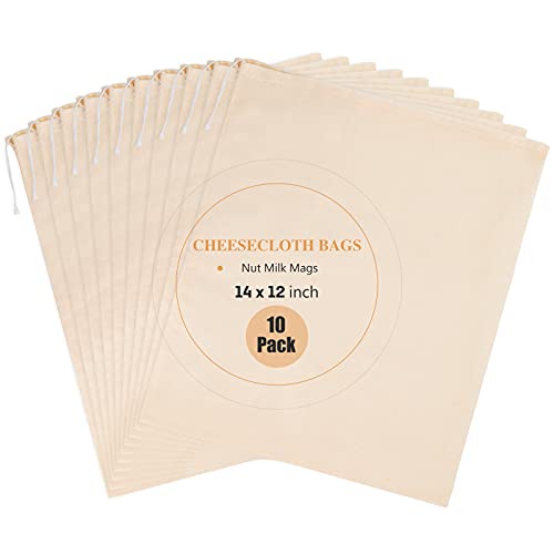 10 Pack Nut Milk Bag, 12‘’ x 14‘’ Fine Mesh Grade Reusable Cheesecloth Bags Strainers, Unbleached Organic Cotton Filter Bags for Almond Milk, Juices, ColdBrew, Cheese, Tea, Yogurt, Coffee - size: 12 x 14 inch