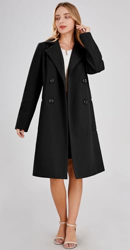 chouyatou Women's Basic Essential Double Breasted Mid-Long Wool Blend Pea Coat - color: Black, size: Large