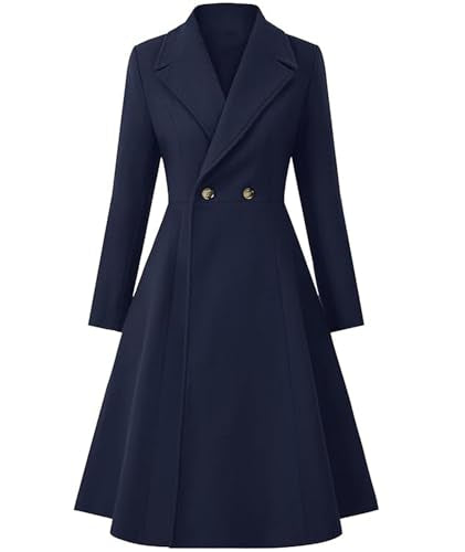 Women's Winter Double Breasted Trench Coat Notch Lapel Collar Wool Blend Pea Coat Swing A Line Long Overcoat - color: Dark Blue, size: Small