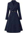 Women's Winter Double Breasted Trench Coat Notch Lapel Collar Wool Blend Pea Coat Swing A Line Long Overcoat - color: Dark Blue, size: XX-Large