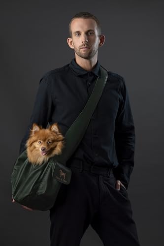 Noah & Paw Dog Sling Carrier for Small Dogs 5-18lb, Dog Sling for Small Dogs and Cats, Dog Carrier with Adjustable Padded Strap, Vegan Leather Lined with Fur, Double Safety Feature, Machine Washable - color: Dark Green