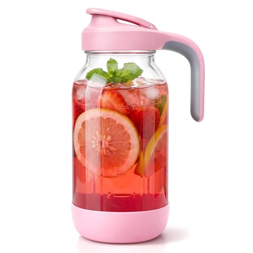 64 oz (2 Qt) Glass Mason Jar Pitcher with Pour Spout Lid & Handle | Airtight Leak-Resistant Flip-Top, Wide Mouth for Ice & Fruit, Non-Slip Silicone Base, Measuring Marks, Fridge Water/Iced Tea - color: Pink, size: 64 Ounces