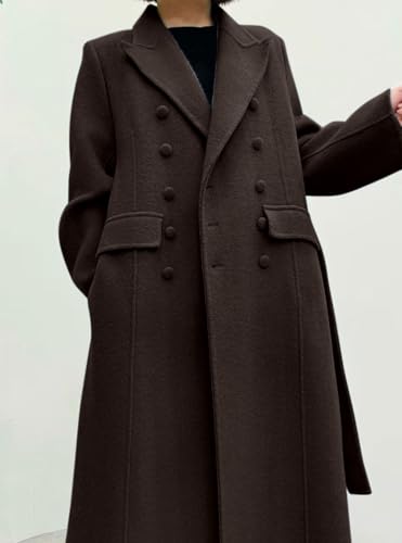 Women Long Winter Wool Pea Coat Lapel Double Breasted Trench Over Coat with Belt - color: Coffee, size: X-Large