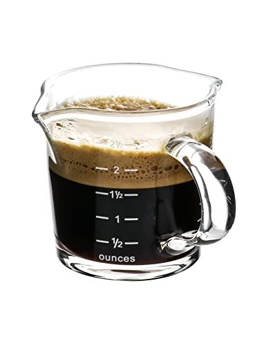 QWORK Espresso Shot Glass with Handle, 4 Pack 3-Ounce Double Spout Glass Measuring Cup Triple Pitcher Milk Cup with Two Scales (OZ&ML)