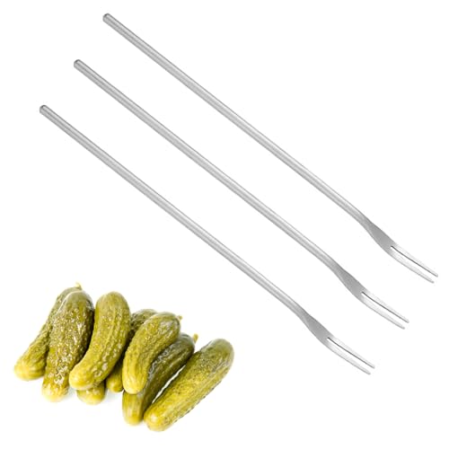 Asanta 3 PCS Stainless Steel Pickle Fork, 8.6 Inch Long Handle Olive Fork, Cocktail Forks, Pickle Picker, Dessert Fruit Forks - color: Silver