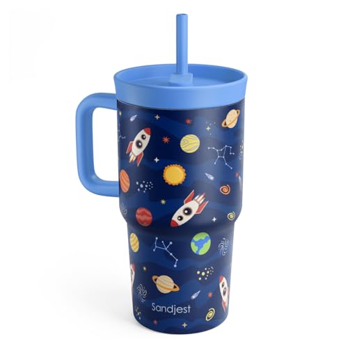 SANDJEST Solar System Stainless Steel Tumbler 20oz with Handle and Silicone Straw Locking Lid for Kids Boys Girls, Birthday Christmas Back to School - color: Solar System