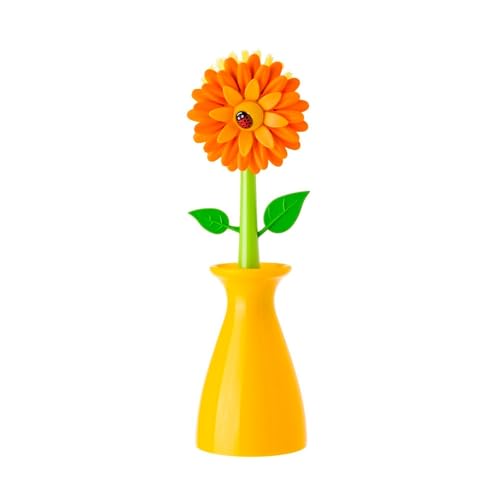 Vigar Flower Power Dish Brush with Handle and Vase Holder - Orange | Dish Scrub Brush for Dishes, Kitchen Scrub Brush, Sink Cleaning Brush, Pot Scrubber, Dishwashing Brush - color: Orange