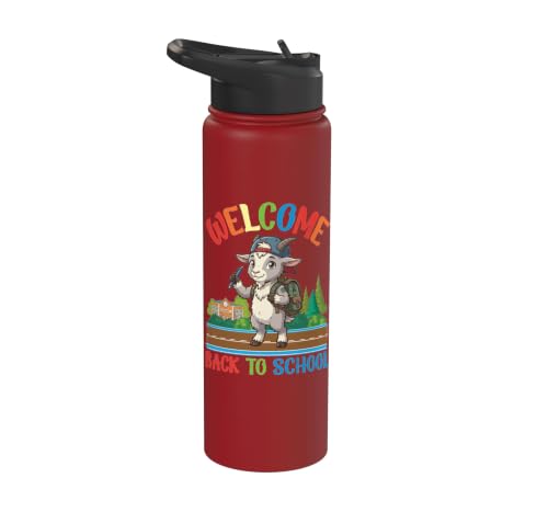 Welcome Back To School Cute Goat Student Boys Girls Kids Stainless Steel Insulated Water Bottle - color: Red