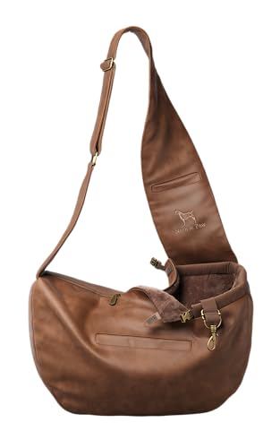 Noah & Paw Dog Sling Carrier for Small Dogs 5-18lb, Dog Sling for Small Dogs and Cats, Dog Carrier with Adjustable Padded Strap, Vegan Leather Lined with Fur, 3X Safety Features, Machine Washable - color: Brown, size: 18.0"L x 10.0"W x 5.5"H