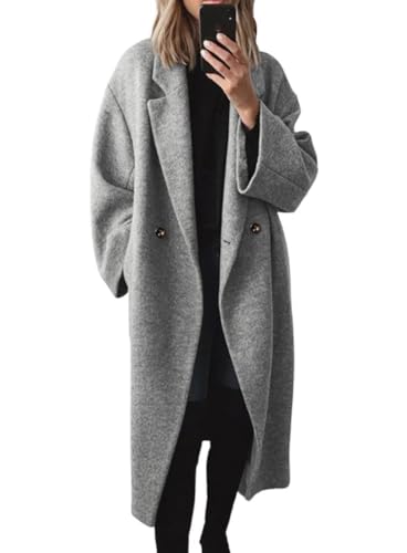 chouyatou Women's Winter Double Breasted Wool Coat Long Sleeve Notch Lapel Long Trench Coat - color: Grey, size: X-Large