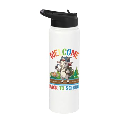 Welcome Back To School Cute Goat Student Boys Girls Kids Stainless Steel Insulated Water Bottle - color: White