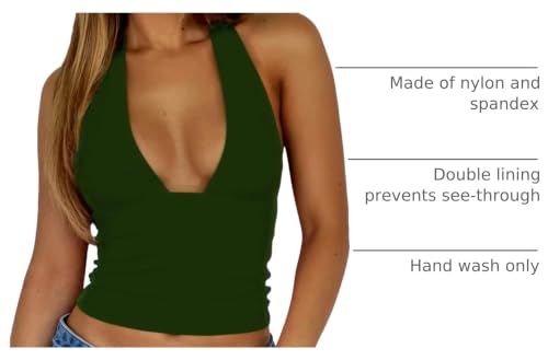 ForeFair Women Sexy Halter Deep V Neck Backless Crop Tank Top Open Back Sleeveless Slim Fit Y2k Summer Tops - color: Dark Green, size: X-Small
