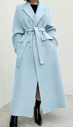 Women Long Winter Wool Pea Coat Lapel Double Breasted Trench Over Coat with Belt - color: Blue, size: X-Large