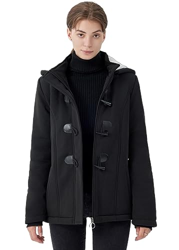 JiangWu Womens Fashion Horn Button Fleece Thicken Coat with Hood Winter Warm Jacket - color: B-thicken-black, size: Small